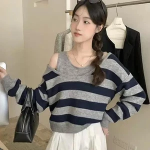 Women Fashion Sexy Striped Off-shoulder Long Sleeve Loose Casual Knitted Sweater - Picture 1 of 13