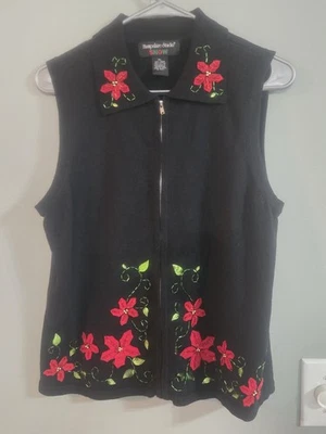 Colete suéter de Natal Hampshire Studio preto com zíper poinsétias vermelhas tamanho PL - Imagem 1 de 3