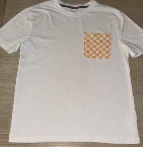 OLD NAVY KIDS Boys’ L 10-12 Checkered Print Front Pocket Tee Shirt White/Orange