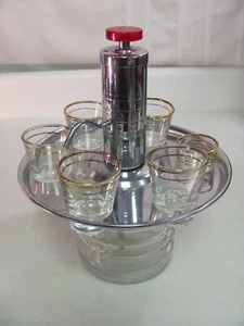 Vintage Art Deco Chrome Liquor Dispenser Pump 6 Shot Glasses Rotary MCM 50s 60s - Picture 1 of 9