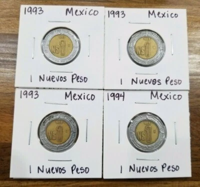 Monedas de 1 Nuevo Peso de México 1993 y 1994 (4 Monedas) Piedra Calendario Azteca Bimetálica Foto 1 de 4
