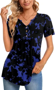 Womens Short Sleeve Tunic Tops Henley Shirt V Neck Button up Blouse Casual Pleat - Picture 1 of 12