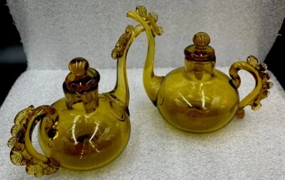 "Antiguas teteras de 4"" con aceite y vinagre de vidrio artístico bohemio soplado a mano de 4""" Foto 1 de 4