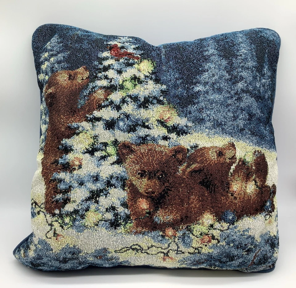 Гобелен милый три медведя детенышей играть - Рождественская сцена плед подушка 16 X 16 в - Изображение 1 из 4