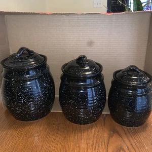 Vintage Jay Import BLACK Speckled Canisters Set Of 3 Country Kitchen Sh10 - Picture 1 of 14