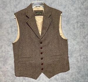 Orvis Vest Mens Medium Brown Herringbone Wool Tweed Western Belted Waistcoat - Picture 1 of 12