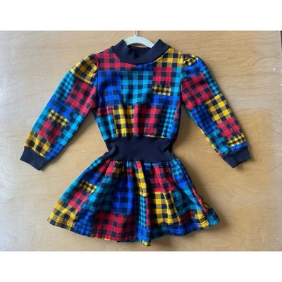 Girl’s Vintage Plaid Patchwork Multicolor Long Sleeve Dress Size 5 / 6 90’s 80s - Image 1 of 4