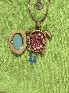 Betsey Johnson Vintage Sea Turtle Glass Pearl Starfish Box Locket Necklace Aqua - Picture 1 of 4
