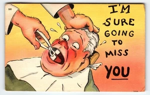 Tarjeta postal de lino de colección de los años 40 cómic dentista extracción de dientes humor - Imagen 1 de 2