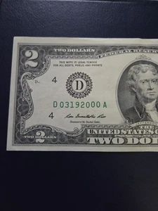 March 19th 2000 Birthday Note $2 D03192000A Two Dollar Bill Fancy Serial-C - Picture 1 of 5