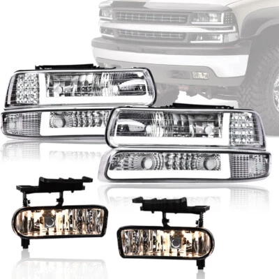 Fit For 1999-2006 Silverado Suburban Tahoe LED DRL Chrome Headlights+Fog Lights - Image 1 of 4