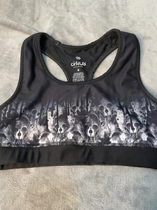 Sports Bra Crop Top Athletica Cirkus Harness Back Gym Sz Small Aust Made SKULLS - Picture 1 of 4