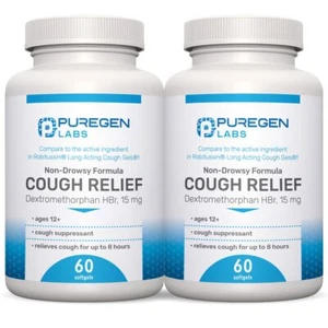 P Puregen Labs Cough Relief for Adults Dextromethorphan HBr 15mg (120 Softgels) - Picture 1 of 12