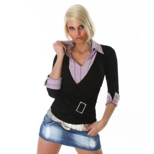 Edler Two-in-One Pullover mit Blusen-Einsatz Schwarz-Flieder #P244 - Picture 1 of 15