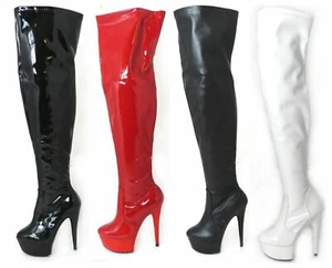 WOMENS MENS SEXY THIGH HIGH FETISH PLATFORM STILETTO HEEL FULL ZIP BOOTS UK SIZE - Picture 1 of 14