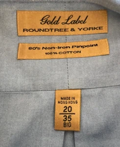 Roundtree & Yorke Gold Label Men's blue long sleeve 100% cotton shirt, 20/35 BIG - Picture 1 of 5
