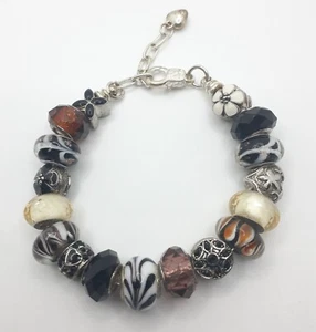 7.5" Euro. Bracelet Mix Black/Brown/White Glass & Alloy Silver Enameled Beads - Picture 1 of 6