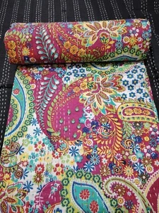 Indian Handmade Kantha Quilt Pink paisley Print King Size Bedspread Blanket - Picture 1 of 9