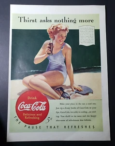 1940 Coca-Cola Woman Wearing Bathing Suit Sitting On Beach WWII Print Ad - Bild 1 von 1