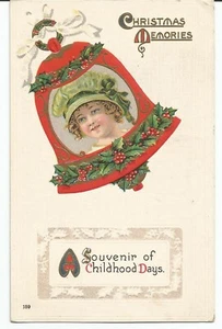 Christmas Memories Bell with Girls Portrait Souvenir of Childhood Days Postcard - Picture 1 of 2