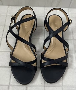 TALBOTS NAVY BLUE ANKLE STRAP LOW WEDGE SANDALS, SIZE 5, With Box - Picture 1 of 12