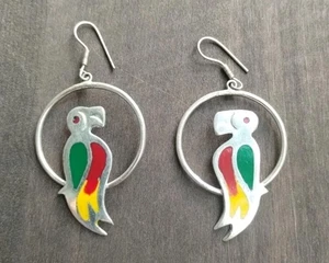 VTG Alpaca Mexico Silver Dangle Parrot Tucan ? Earrings - Picture 1 of 3