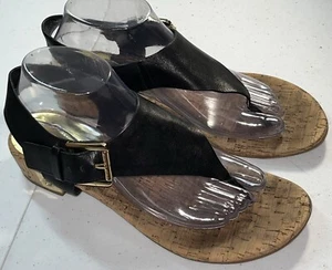 Michael Kors Black Leather T-Strap 1.5in Cork Gold Logo Heels Womens Size 9.5 M - Picture 1 of 9