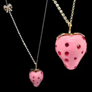 Betsey Johnson Pink Strawberry Red Rhinestone Baby Cakes Necklace Gold Tone New - Picture 1 of 12
