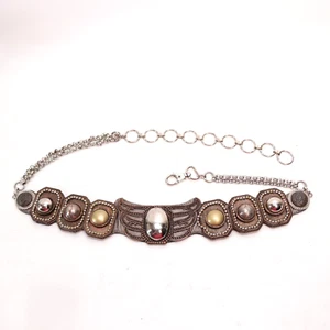 Vtg Cache Waist Belt M L Metallic Bronze Silver Gold Tone Leather Chain Lobster - Picture 1 of 11