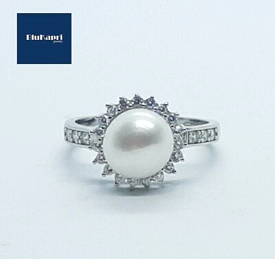 Anello donna argento 925 con perla e zirconi bianchi solitario fascia brillante - Immagine 1 di 4