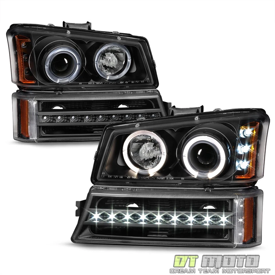 Faros LED halo negros para Chevy Silverado 1500 2500 2003-2006 + lámparas de parachoques LED DRL Foto 1 de 4