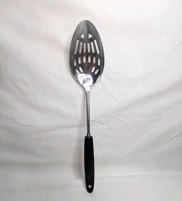 Vintage EKCO Slotted Serving Spoon Chromium Plated Black Handle 1970s USA Made - Image 1 of 4