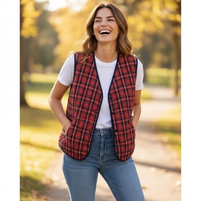 Chaleco vintage Preppy para mujer P Petite rojo tartán a cuadros acolchado clásico academia Foto 1 de 4