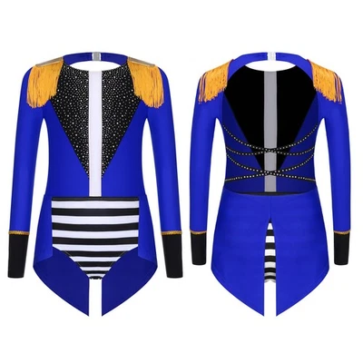 Kids Girls Circus Ringmaster Dance Leotard Tassel Button Down Tuxedo Bodysuits - Image 1 of 4