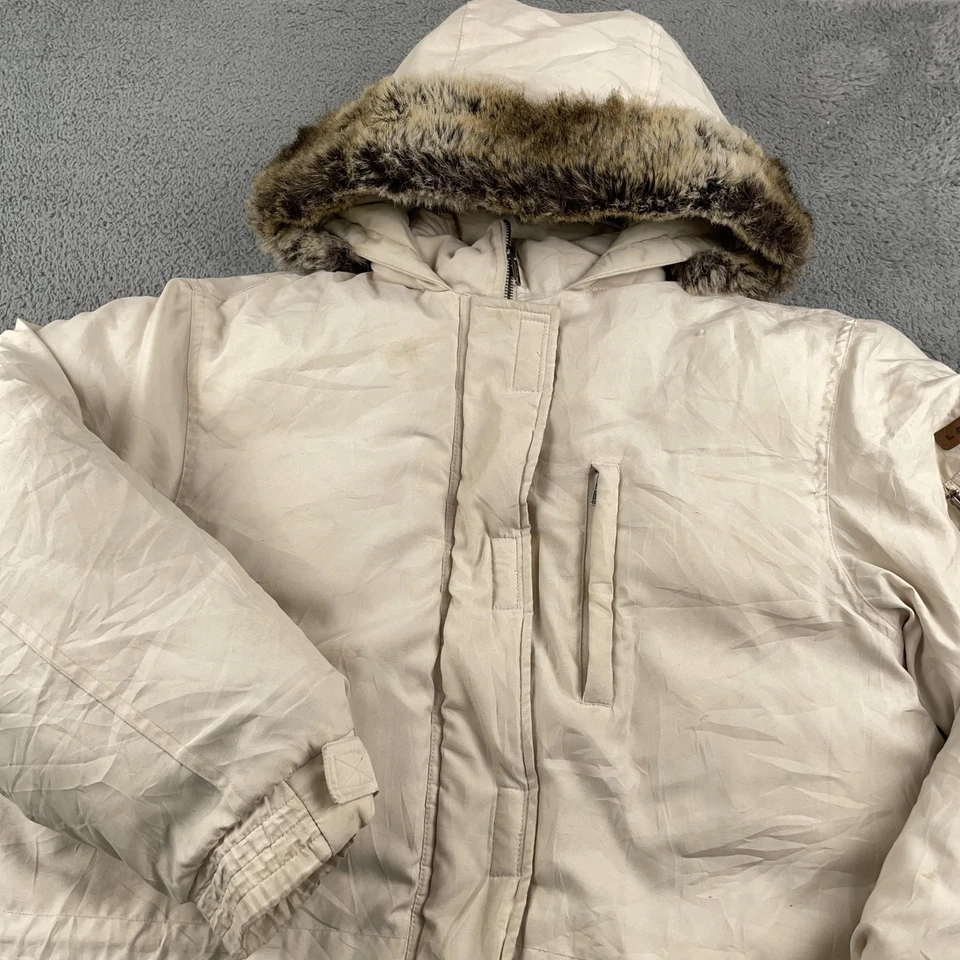 Parka Lauren Ralph Lauren para mujer mediana crema plumón capucha acolchada ribete de piel sintética Foto 1 de 4