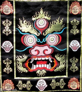 LARGE BROCADE COLORFUL WRATHFUL PROTECTOR MAHAKALA TIBETAN BUDDHIST ALTAR CLOTH - Picture 1 of 9