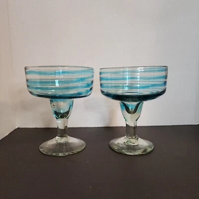 Crate&Barrel Aqua Swirl 6"Margarita Glasses-Dessert Bowls Hand Blown Mexico Qty2 - Image 1 of 4