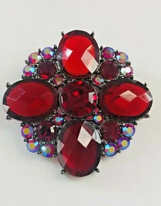 1928 Brand Gun Metal Grey Tone Red & AB Crystal Rhinestone Pin Brooch - Picture 1 of 8