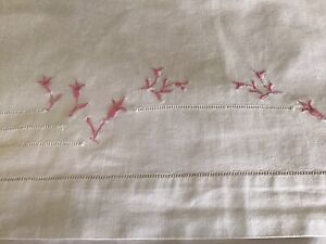 Vtg French Nursery White Linen Blend Cot Cradle Sheet Pink Floral Embroidery