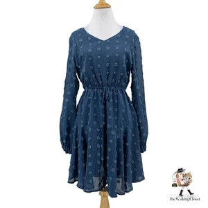 Kirundo Mini Dress Womens S Small Chalkboard Blue Swiss Dot High Waist Chiffon - Picture 1 of 9