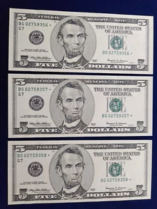🌟(3) $5 1999 *BG* Star Federal Reserve Notes Sequential Serial #s UNC - Picture 1 of 2