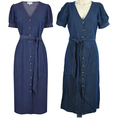 Vestido Vaquero Warehouse Midi Cambray Índigo Botón Delantero Cuello en V Manga Corta Reino Unido 8 Foto 1 de 4