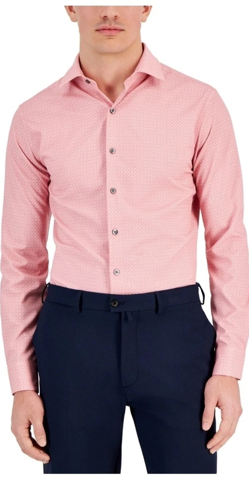 ALFANI Slim Fit Dress Patterned Shirt Pink 17 17.5 in 34 35