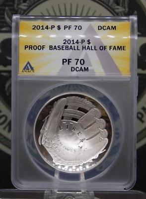 2014 "P" Proof *BASEBALL* Hall of Fame SILVER Dollar $1 ANACS PF70 DCAM #946 - Image 1 of 4