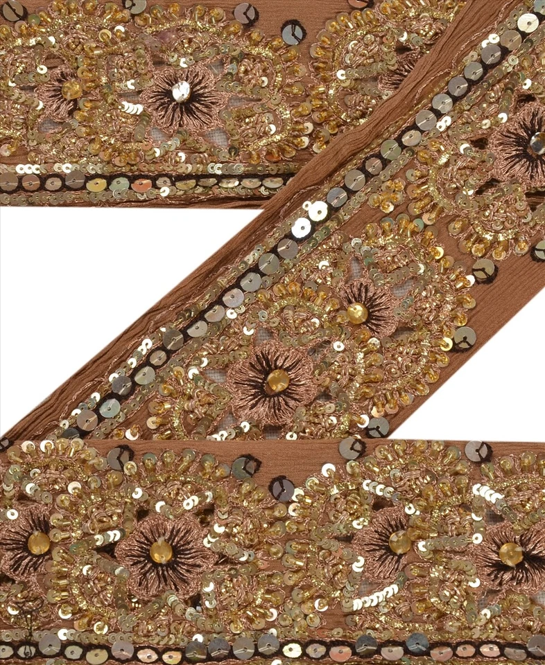 Sanskriti Vintage Sari Borda Artesanato com Contas de Mão 1 Jarda Acabamento Renda 3"W Seda Pura Marrom - Imagem 1 de 4