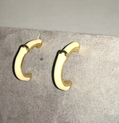 Monet Signed Earrings Pierced 1/2 Hoop Cream Beige Enamel Gold Tone - Image 1 of 4