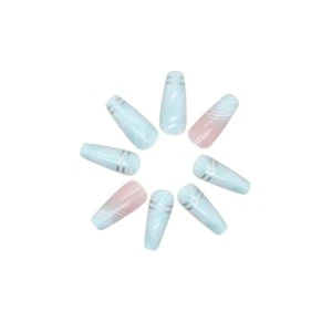 Press On Nails Long Coffin Baby Blue Reusable Glue On Nail Tips Glossy - Picture 1 of 7