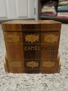 Vintage Hand Carved Wooden 3 Cigarette Pack Storage Box Chesterfield Camel Lucky - Picture 1 of 13