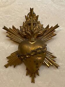 SALE!! ANTIQUE 19TH CENTURY GILDED BRASS FRENCH SACRED HEART EX VOTO 2.952 H