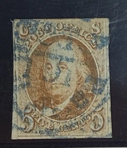 US #1 1847 5c red brown Franklin 4-margins Used/Waterways(?)cancel; $500-700 CV - Picture 1 of 4